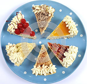 Slices of Thanksgiving Pie on polka dot blue plate