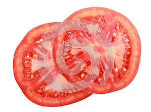 Slices of tomato for burger isolated on white, top view