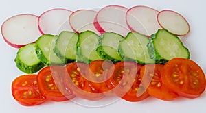 Slices of tomatoes, cucumbers and redish