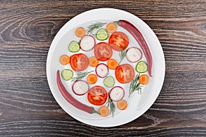 Slices of tomatoes, radishes, cucumbers and dill, peppers in pla