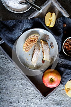 Traditional apple roulade with raisins and cinnamon