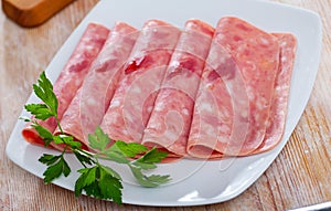 Slices of traditional chopped ham, close-up