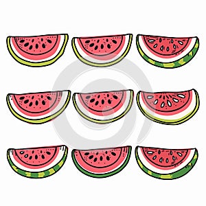 Slices watermelon arranged three rows displaying red fruit black seeds, green rind. Handdrawn