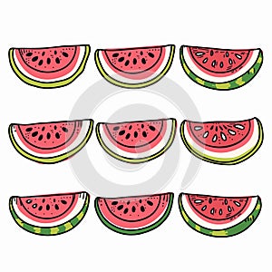 Slices watermelon arranged three rows displaying red fruit black seeds, green rind. Handdrawn photo