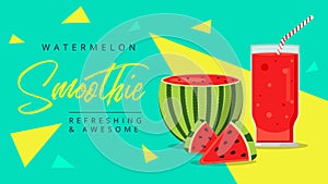 Slices of watermelon with glass of fresh juice web ad background