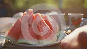 Slices of watermelon are on a porcelain white plate. Sliced watermelon on the table. Still life