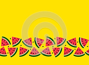 Slices of watermelon on a yellow background. Summer seamless texture with space for text. flat isolated vector illustration for