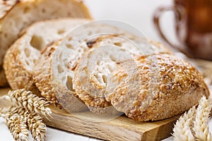 Slices of wheat bread on table selective focus