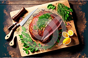 slicing festive dish easter ham with herbs on wooden board