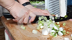 Slicing green onions with a knife for salad preparation