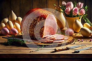 slicing juicy delicious easter ham on wooden table