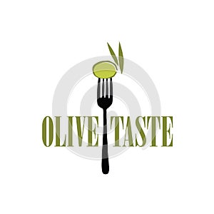 Slick green olive on a black cool fork illustration in formant photo