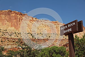 Slick Rock Divide Sign in Capitol Reef National Park. Utah