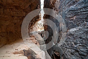 Slick sandstone canyon walls and a narrow, low-clearance walkway along the Observation Point hiking trail in Zion National Park