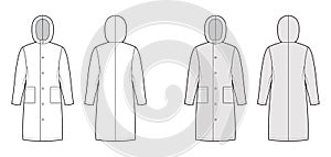 Slicker coat Sou'wester technical fashion illustration with long sleeves, patch pockets, oversized body, knee length.