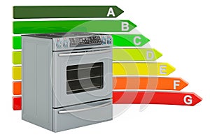 Slide-in Electric Range with True Convection with energy efficiency chart, 3D rendering