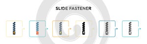 Slide fastener vector icon in 6 different modern styles. Black, two colored slide fastener icons designed in filled, outline, line