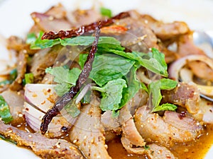 Slide grilled pork salad or Nam Tok garnish with mint leaves and dried chili. Nam Tok is spicy Northeast food of Thai flavors