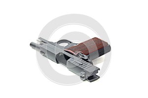 Slide hold and ejection port of pistol isolated photo