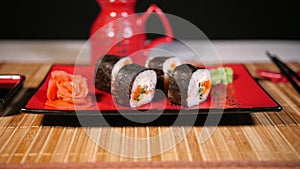 Slide Motion of Sushi With Chopsticks and Souce