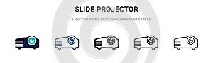 Slide projector icon in filled, thin line, outline and stroke style. Vector illustration of two colored and black slide projector