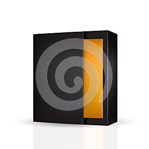 Slide to open modern black, square, orange inside packaging box