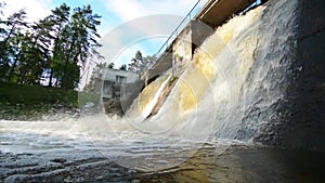 Slider/Dolly Shot of Waterfall and an Old Dam. Summer landscape.