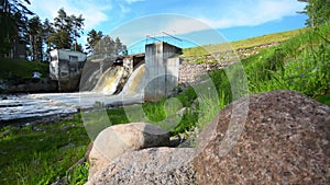 Slider/Dolly Shot of Waterfall and an Old Dam. Summer landscape.