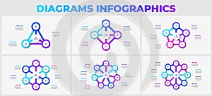 Slides with cycle infographics elements for business presentation. Concept with 3, 4, 5, 6, 7 and 8 options, parts or