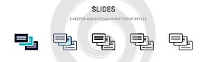 Slides icon in filled, thin line, outline and stroke style. Vector illustration of two colored and black slides vector icons photo