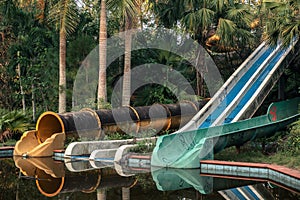 Slides and pool in abandoned water park, Ho Thuy Tien Lake, Vietnam