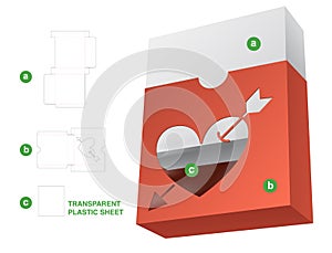 Sliding box with cute heart and arrow window die cut template and 3D mockup
