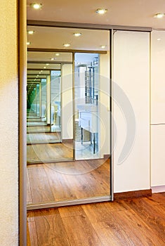 Sliding-door mirror wardrobe in modern hall interior