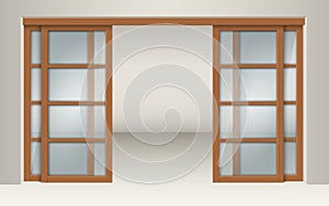 Sliding glass doors with wooden lintels