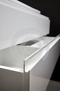 Sliding lockers with PVC extruded G profile handles for bathroom kitchen cabinets. Solutions for placing things in