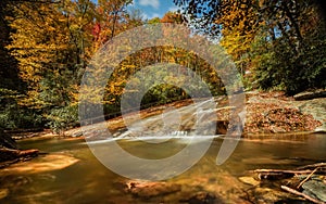 Sliding Rock Falls in the Appalachians of North Carolina in late autumn with fall color foliage