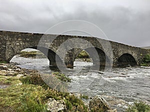 Sligachan Old Bridge with beautiful view on Black Cuillin mountains, in Isle of Skye, Scotland