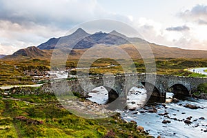 Sligachan Old Bridge and The Cuillins, Isle of Skye at sunset