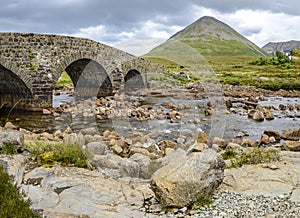 Sligachan Old Bridge,river and Cullin mountains,Isle of Skye,Scotland,UK