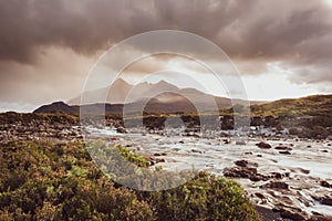 Sligachan river and The Cuillins, Isle of Skye at sunset photo