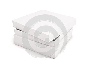 Slightly ajar blank white box on a white background for your design. Mockup opened box. 3d rendering.