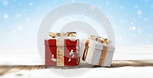 Slightly blurred Christmas presents. snowflakes christmas gifts 3d-illustration