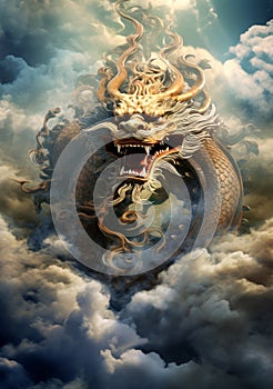 Slightly Golden Traditional Chinese Dragon with Mouth open in the sky with dense clouds