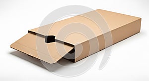 A slightly open cardboard box on a white surface showing packaging design