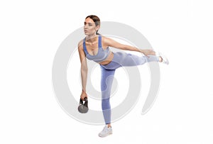Slim, bodybuilder girl in a lilac tracksuit, lifts a heavy weight, cardio workout. Sports concept, fat burning and healthy