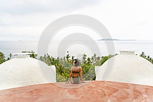 Slim dark-haired woman vacationer contemplating a breathtaking landscape