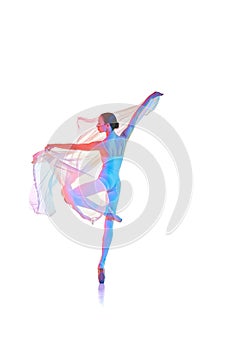 Slim, elegant young woman, ballerina ion bodysuit dancing with transparent fabric isolated on white studio background in