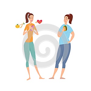 Slim and fat woman. Diet, nutrition, sport