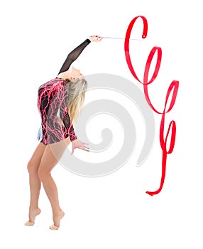 Slim flexible woman rhythmic gymnastics art