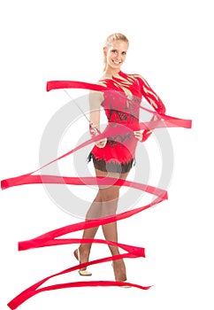 Slim flexible woman rhythmic gymnastics art dancer